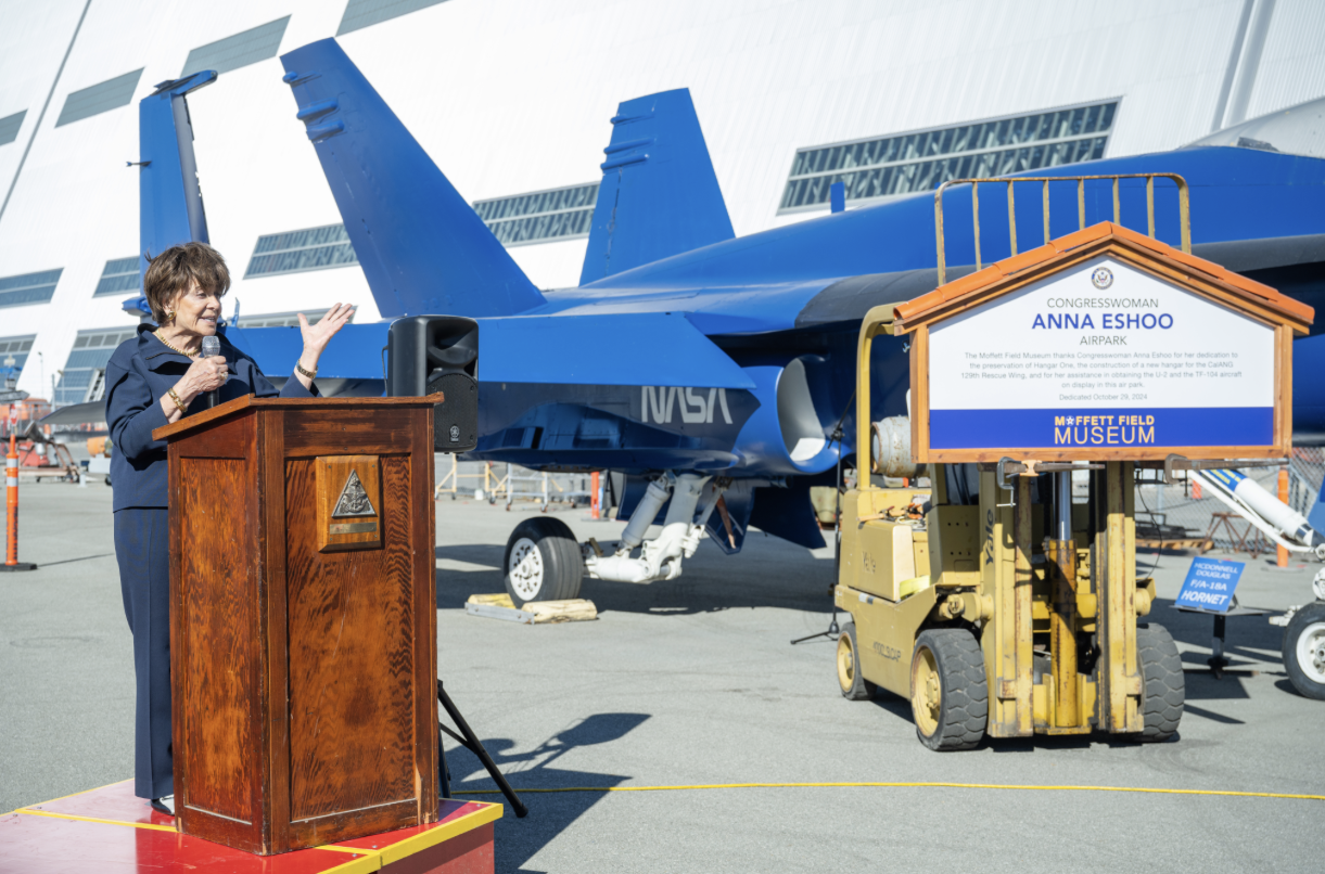 Congresswoman Anna Eshoo gives remarks to the audience during the unveiling of her commemorative plaque at the Moffett Field Museum, in NASA Research Park.